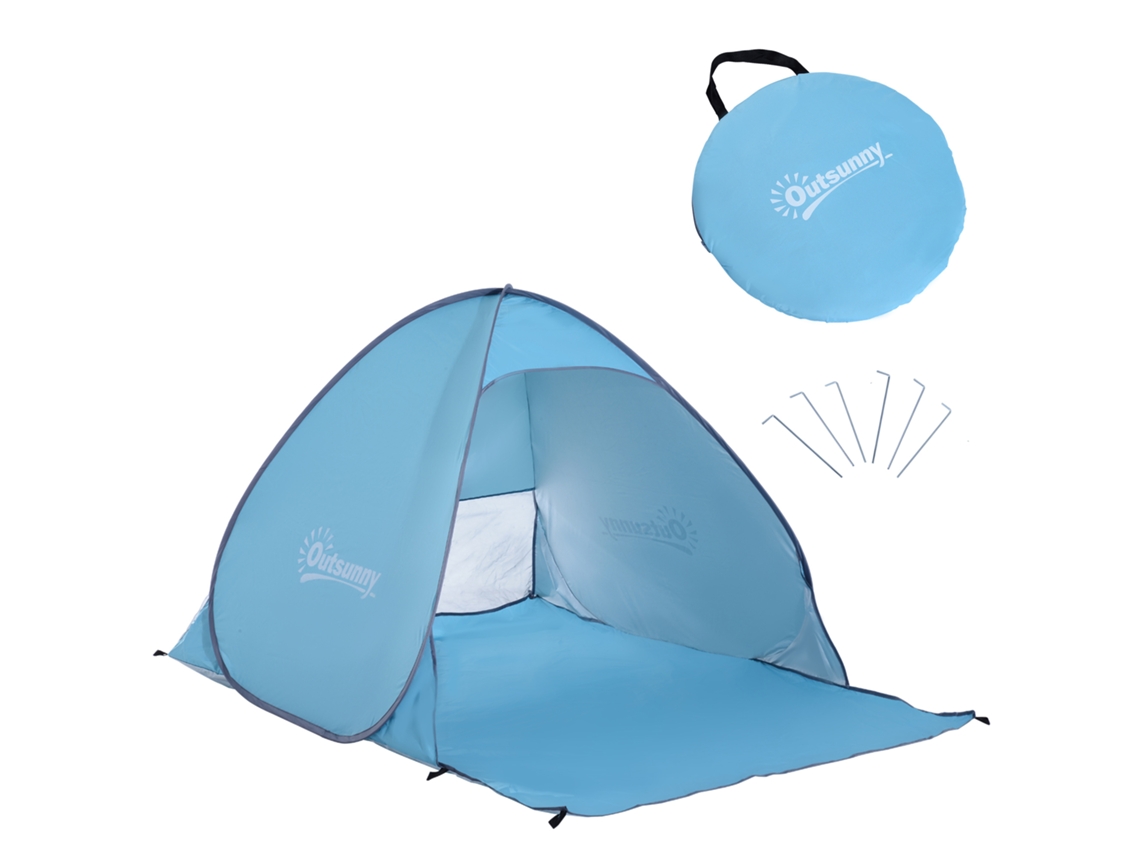 Tenda de Praia Dobrável, automática, instantânea, proteção UV, janela traseira, piso amplo, azul celeste