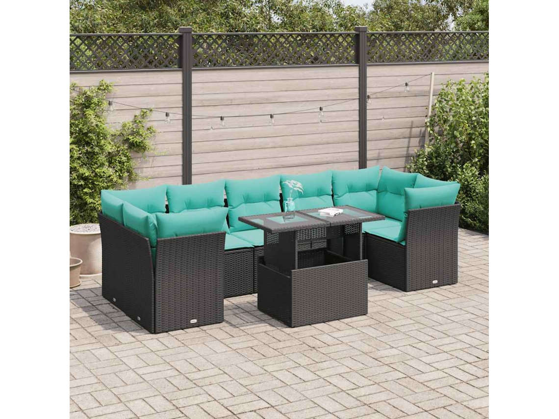 Vidaxl 8 Pcs Conjunto Sofás Jardim Com Almofadões Vime Pe/acácia Preto