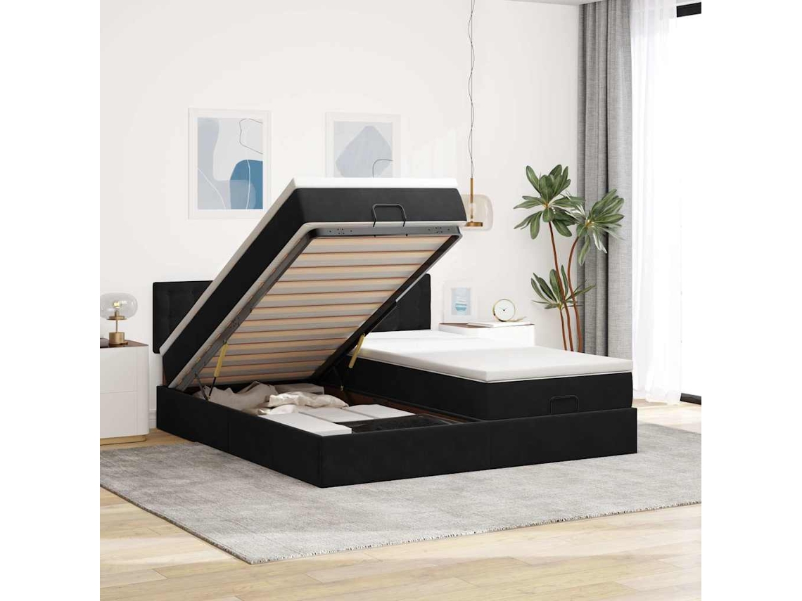 Estrutura De Cama Otomana Com Colchões 200x200cm Veludo Preto
