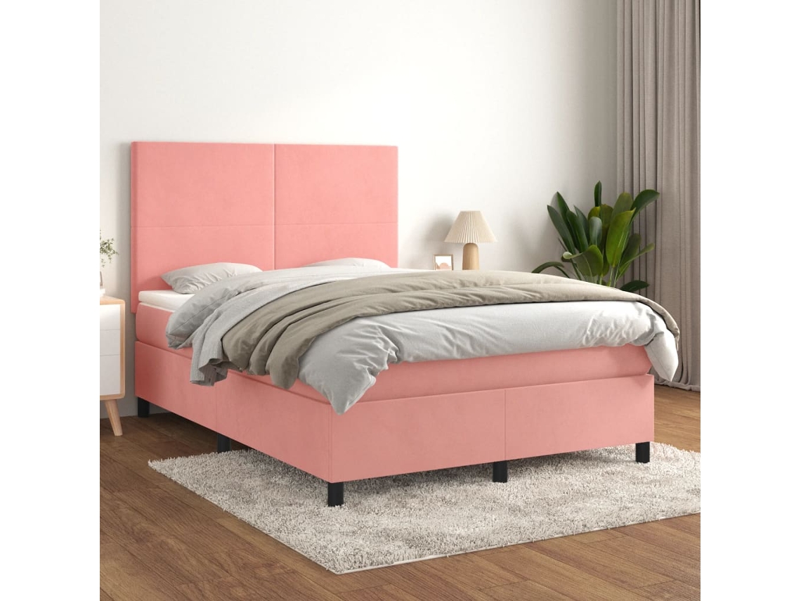 Vidaxl Cama Com Molas/colchão 140x190 Cm Veludo Rosa