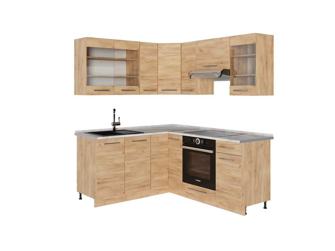 Cozinha Em Ângulo Fame Line, 190x60cm, Pt Mármore, Carvalho De Força Dourado, Carvalho De Força Dourado, Vicco