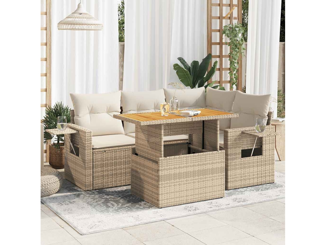 Vidaxl 5 Pcs Conjunto De Sofás P/ Jardim Com Almofadões Vime Pe Bege