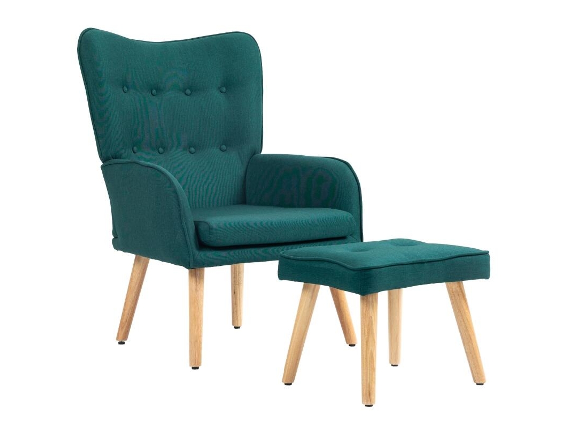 Poltrona De Leitura Estofada Em Linho Verde-escuro Com Apoio Para Os Pés E Encosto Alto, Pés De Madeira, Estilo Capitonê.