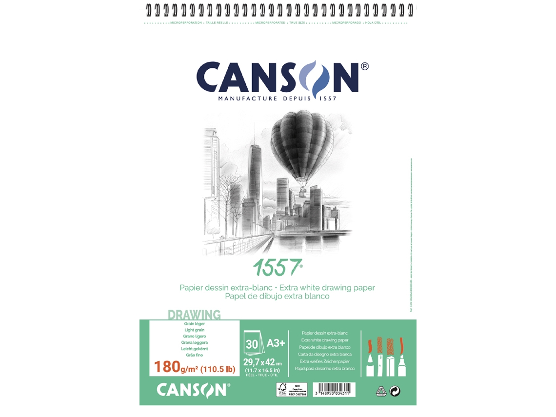 Bloco de Papel de Desenho CANSON 1557 Din A3 180 G/M² 30 Folhas