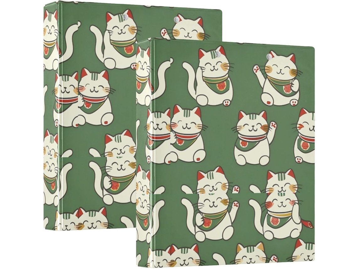 Argolas Pasta 3, 8cm com três argolas e sacos, branco Sorte Cat Print 1, 5 Polegadas, pacote com 1 ou 2 unidades
