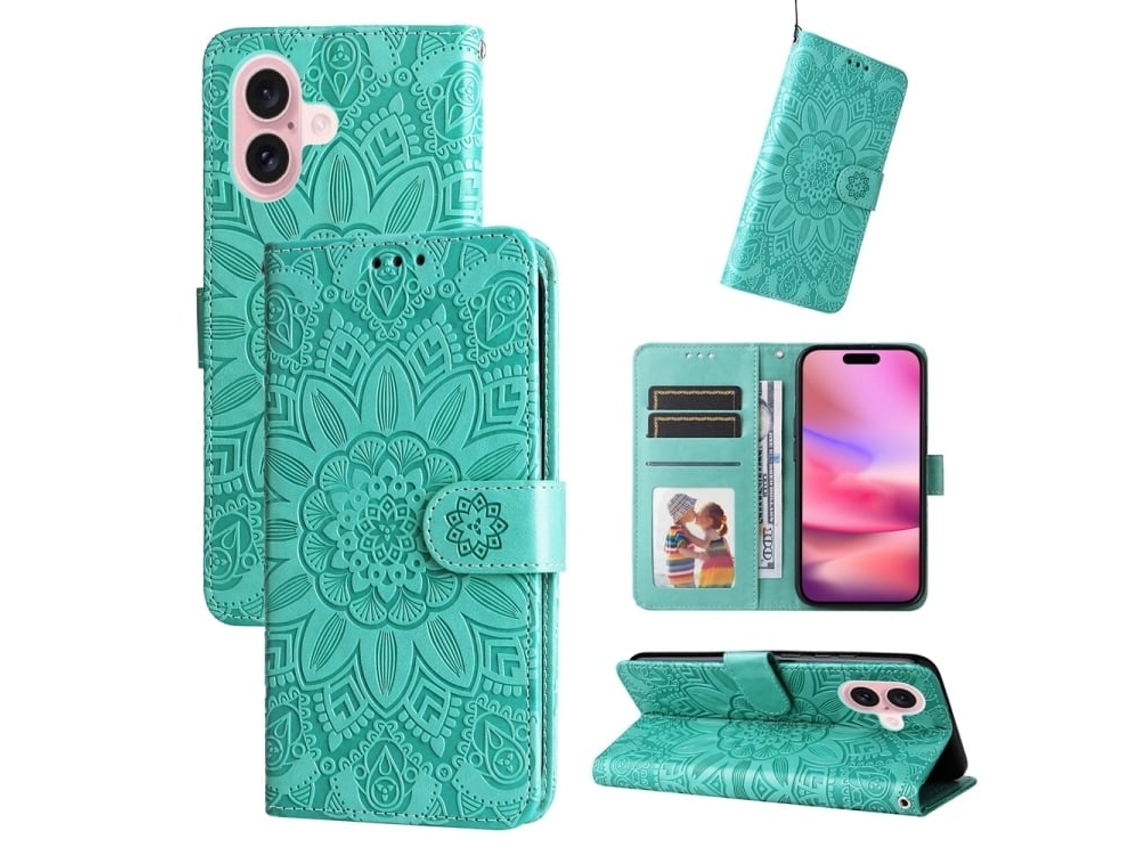 Capa De Couro Para Iphone 16 - Estampa De Girassol Em Relevo