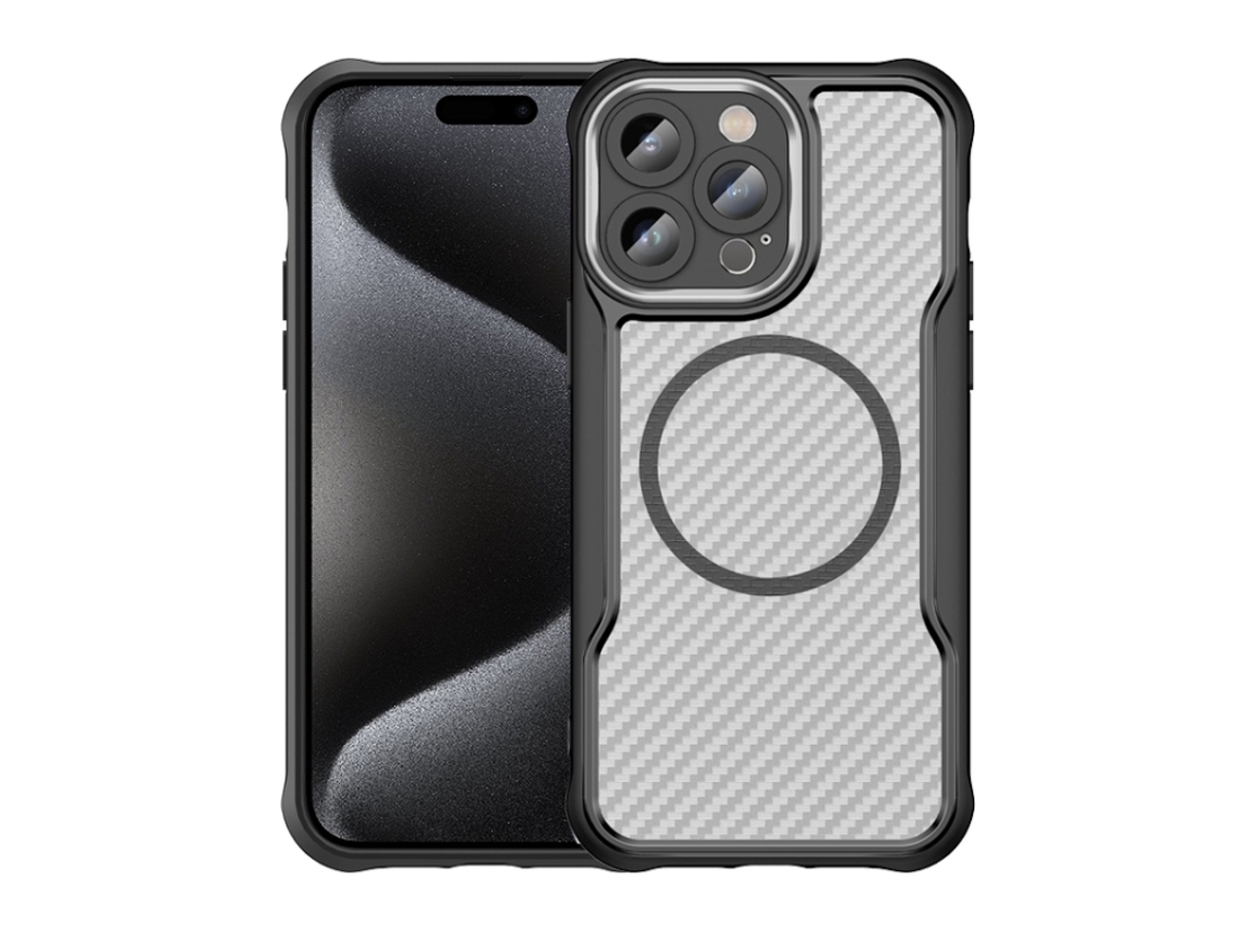 Capa Transparente Para Iphone 15 Pro - Textura De Fibra De Carbono - Magsafe