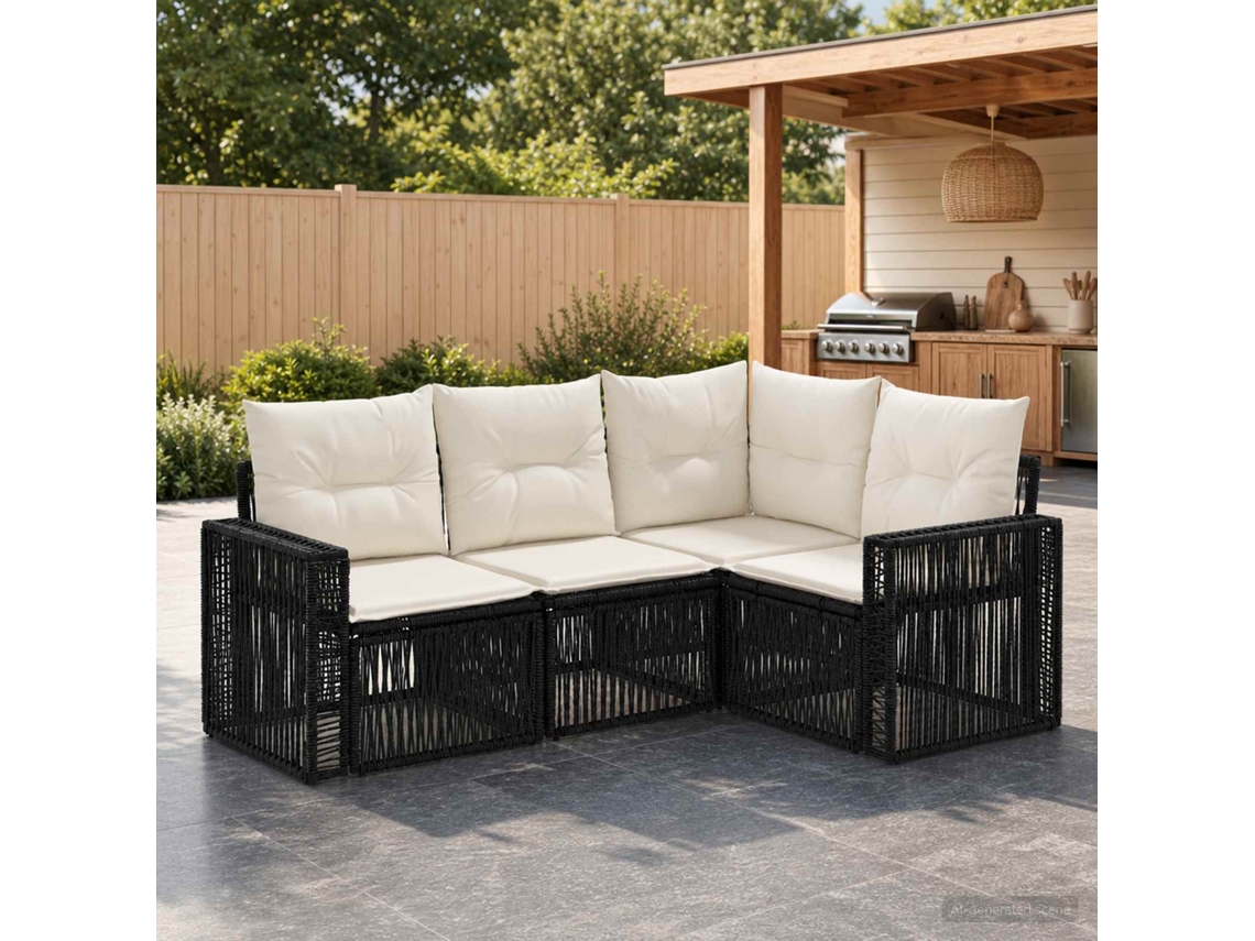 Vidaxl Conjunto De Sofá De Jardim 4 Unid. Preto E Branco Creme Vime Pe