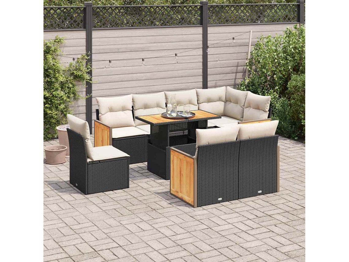 Vidaxl 9 Pcs Conjunto Sofás P/ Jardim Almofadões Vime Pe/acácia Preto