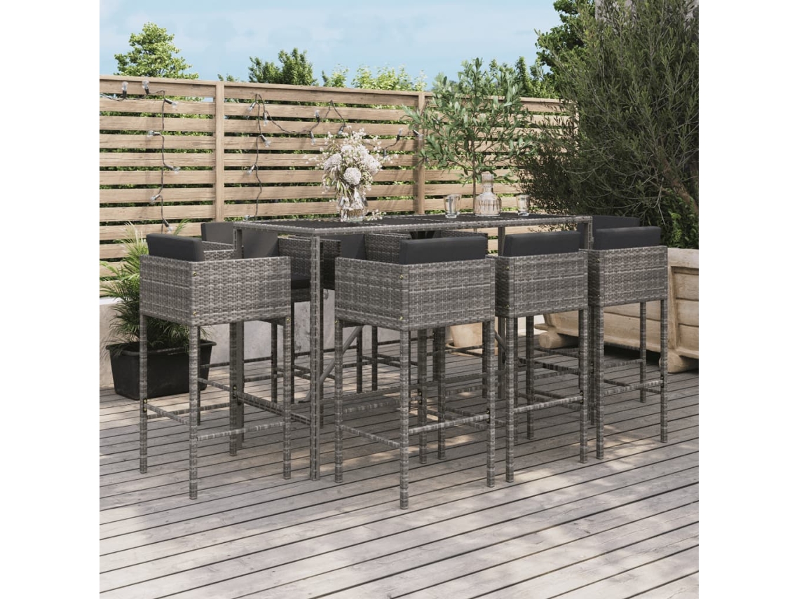 Vidaxl 9 Pcs Conjunto De Bar P/ Jardim C/ Almofadões Vime Pe Cinzento