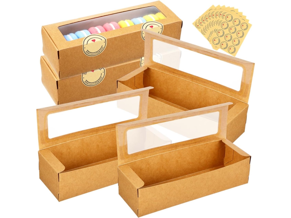 Caixas Kraft Para Macarons Com Janela Transparente, 50-unidades, 7-folhas De Adesivos Decorativos, Ideais Para