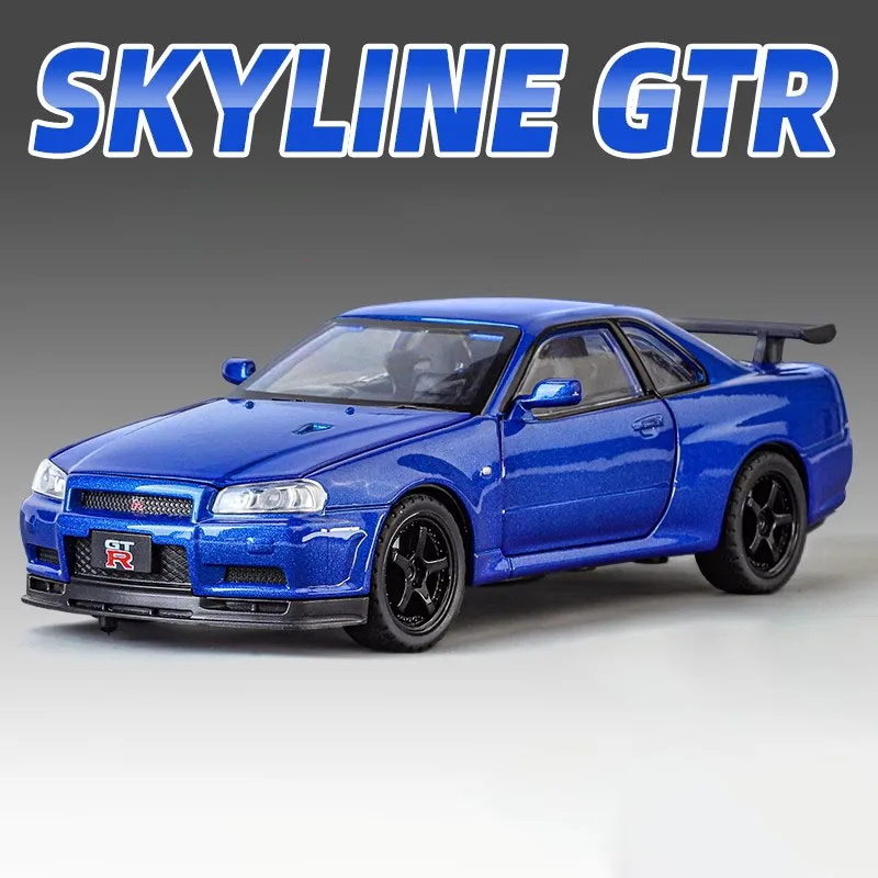 (azul) Escala 1:32 - Miniatura De Carro Esportivo Gtr R34, Feita Em Metal Fundido, Com Luzes E Quatro Portas Que Abrem.