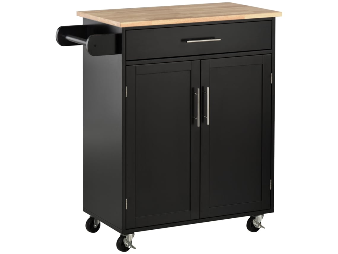 Carrinho de Cozinha Móvel VISTA, 83x45x91cm, com Gaveta, Armário, Porta, Design Preto