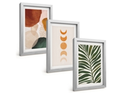 Conjunto De Pinturasformas Abstratas De Folhas Moldura Prateada Quadros Para A Sala De Estar Espelharte (3 Peças 20x30 Cm)