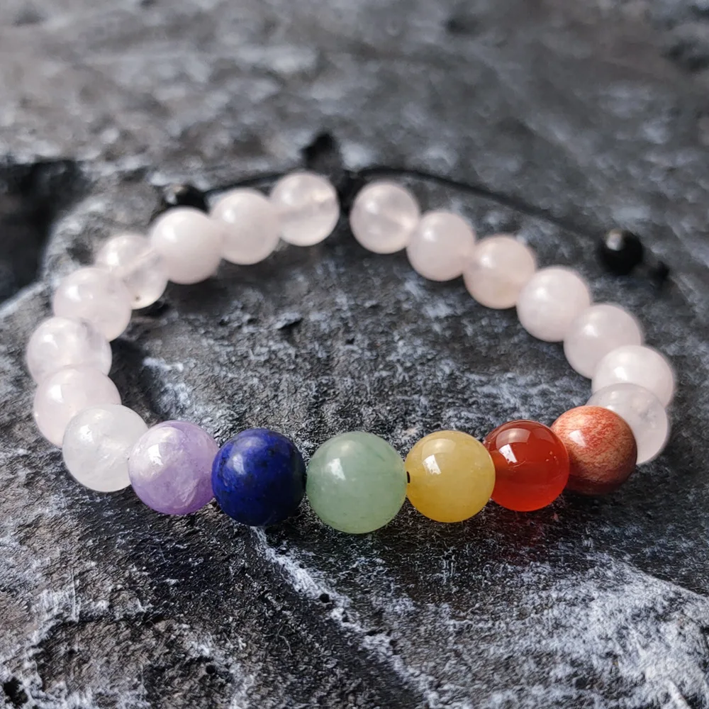 Pulseira De Cristal Rosa Dos Sete Chakras, Pulseira Tibetana De Pedras Preciosas Naturais Para Cura E Oração