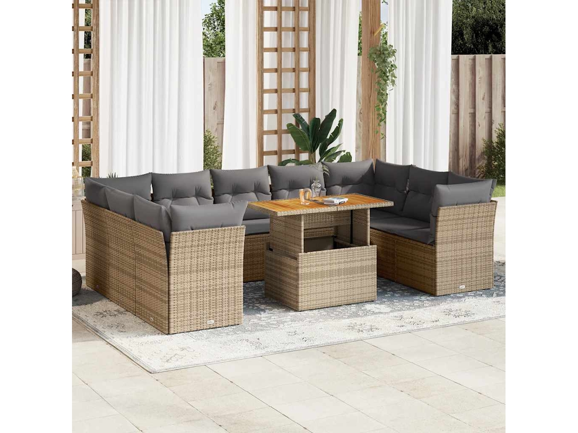 Vidaxl 10 Pcs Conjunto De Sofás P/ Jardim Com Almofadões Vime Pe Bege