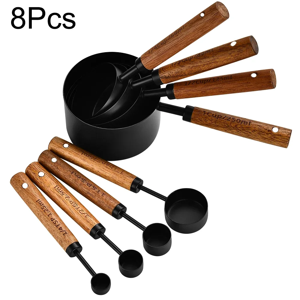 Conjunto de 8 Colheres de Medida Pretas em Aço Inoxidável, com Marcações, Cabo de Madeira, para Uso Doméstico e na Cozinha. MDUG
