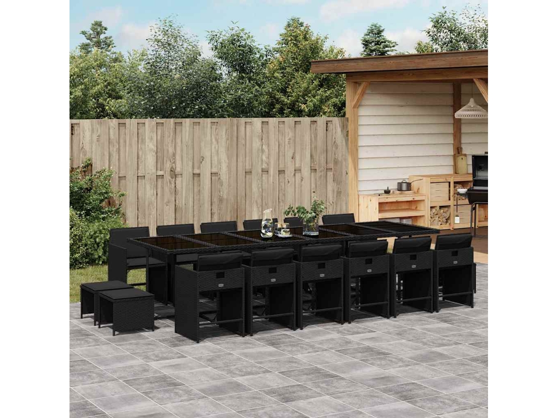 Vidaxl 17 Pcs Conjunto De Jantar P/ Jardim C/ Almofadões Vime Pe Preto