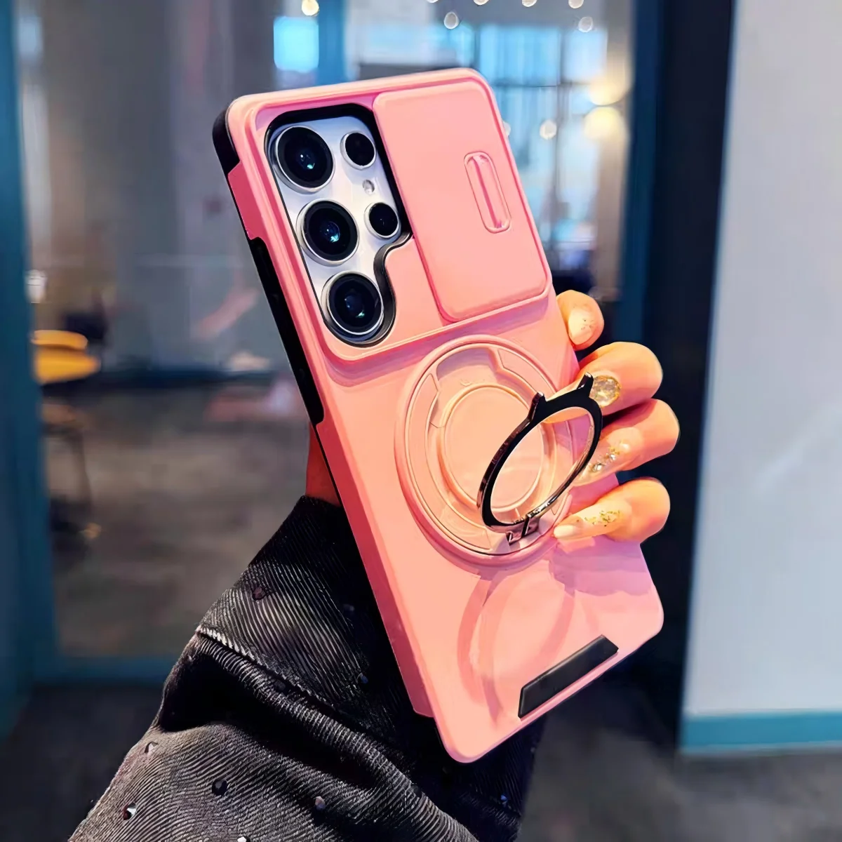 Capa Protetora Deslizante Para Câmera Com Suporte Magnético (galaxy S25 Edge Rosa), Capa Protetora Reforçada.