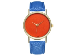 Relógio feminino casual de quartzo com mostrador laranja e pulseira de couro azul royal.