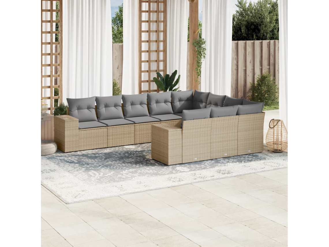 Vidaxl 10 Pcs Conjunto De Sofás P/ Jardim Com Almofadões Vime Pe Bege