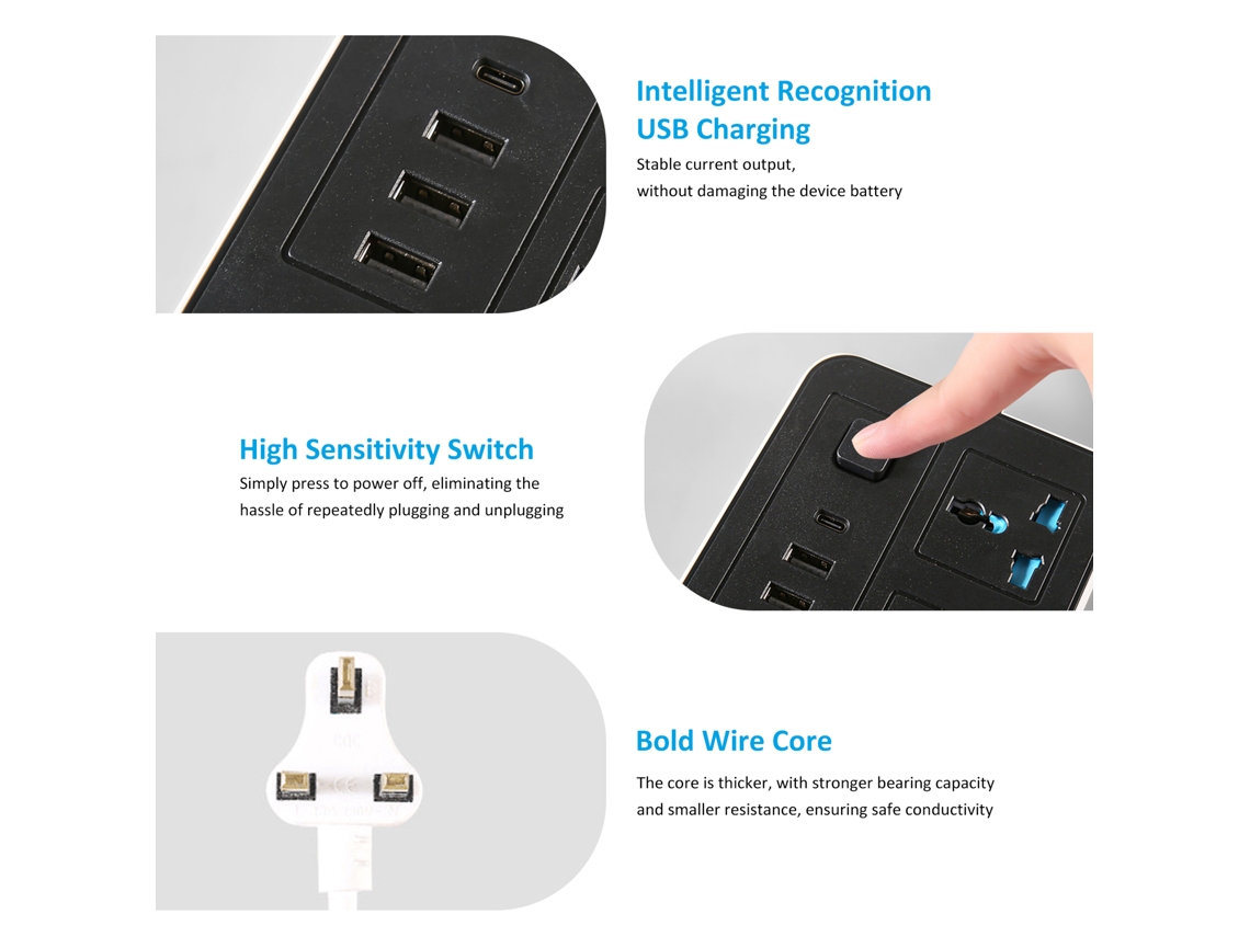 Tomada inteligente YURU com 6 tomadas, 3 USB, 1 Type C e proteção contra surto