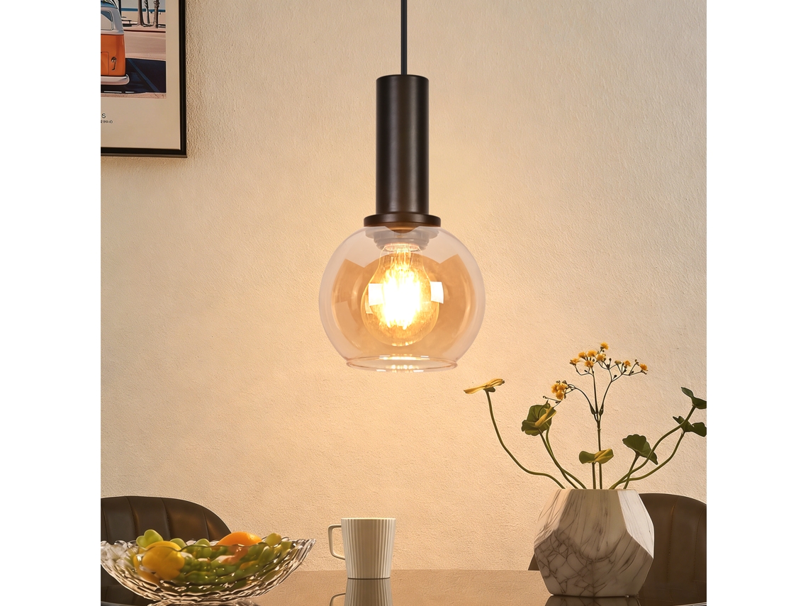 Candeeiro Suspenso em Preto 1 Luzes Estilo Industrial Vintage Vidro Casquilho E27 Altura Regulável para Sala de Estar e Sala de Jantar ZMH