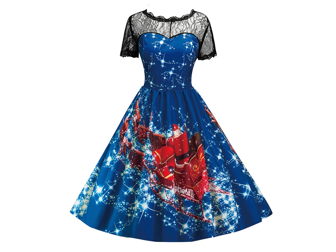 Vestido Midi Laxiscreed Feminino Natal Estampado Azul Com Gola De Renda Tamanho 2xl