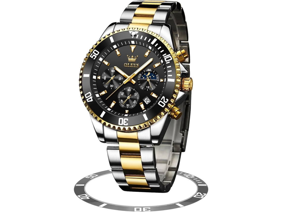 Lurelia Relógio Cronógrafo Masculino, Movimento De Quartzo, Data/calendário, Luminoso, Aço Inoxidável, Resistente À Água 30m, Preto, Prata