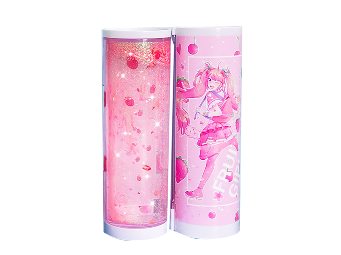 Estuche Vertical De Lápices Estilo Cartoon Con Diseño De Arena Movediza Chica Fresa Kawaii