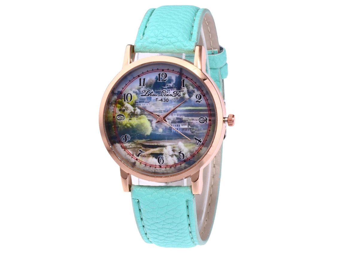 Relógio de Pulseira Feminino de Quartzo com Pulseira de Couro Pu Dial Redondo Simples (menta)