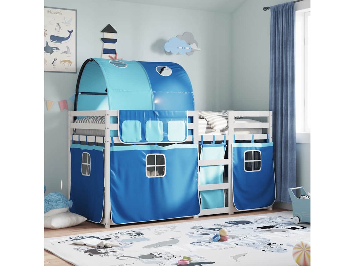 Vidaxl Beliche Com Cortinas 80x200 Cm Madeira De Pinho Maciça Azul