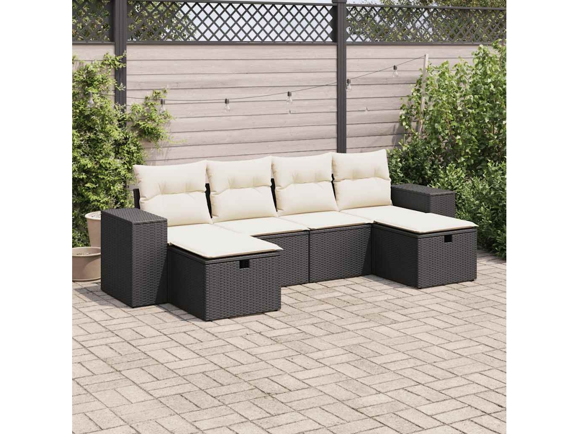 Vidaxl 6 Pcs Conjunto Sofás De Jardim C/ Almofadões Vime Pe Preto