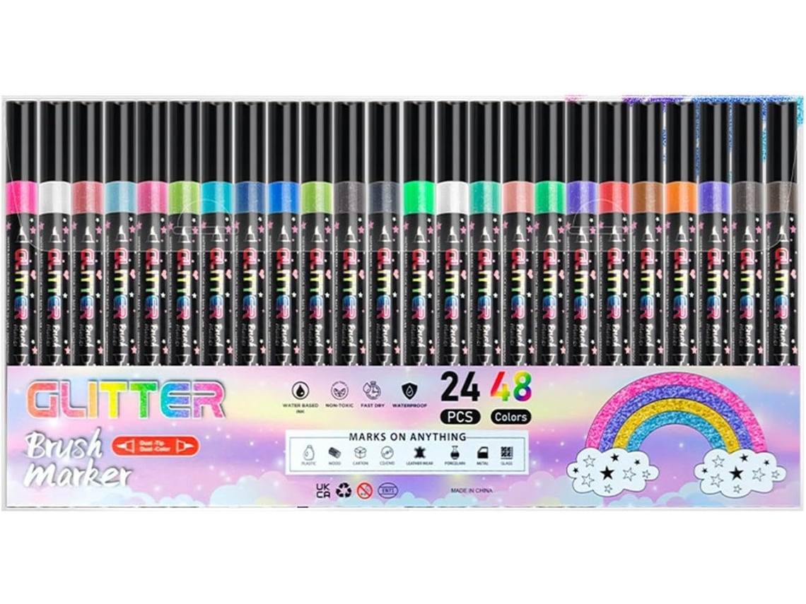 Conjunto De 24 Canetas Marcadoras Com Glitter E Ponta Dupla Com Efeito Glitter