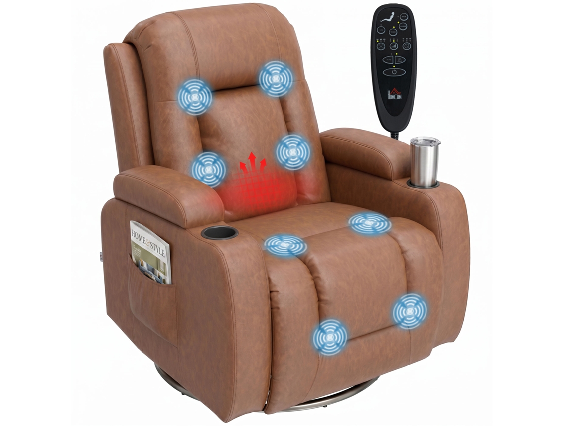 Poltrona De Massagem Com Calor, Cadeira Baloiço Giratória Com Apoio De Pés, Poltrona Confortável, Castanho Claro
