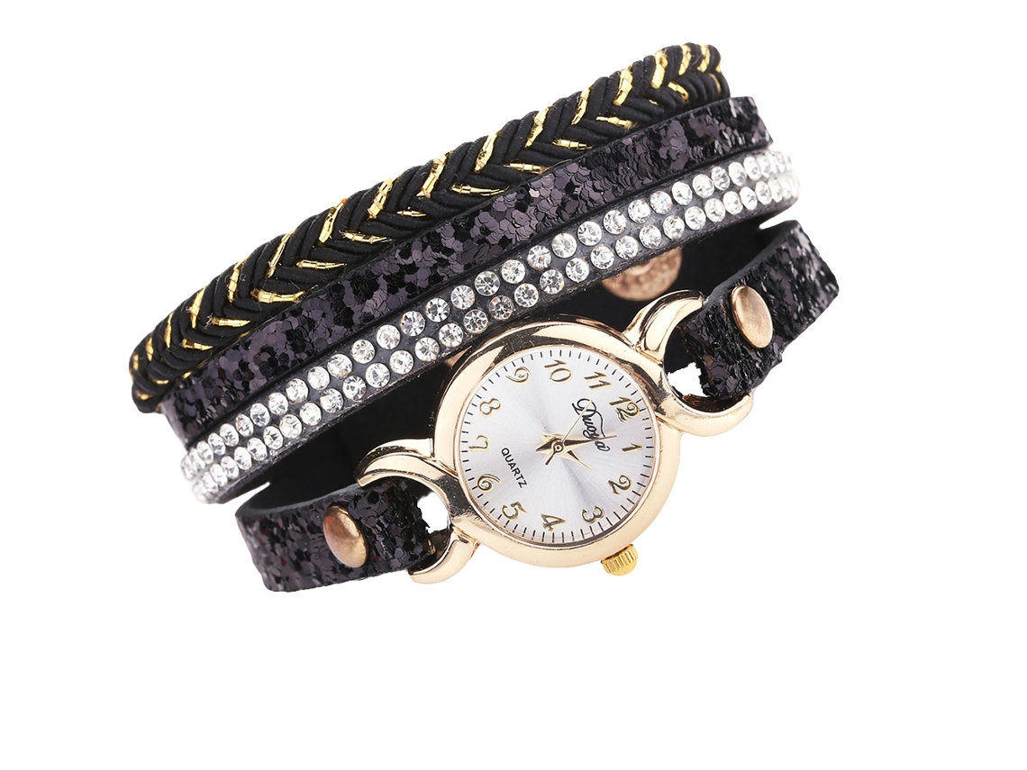 Relógio de Pulso Feminino Fashion com Pulseira de Couro Pu e Strass em Quartzo Preto