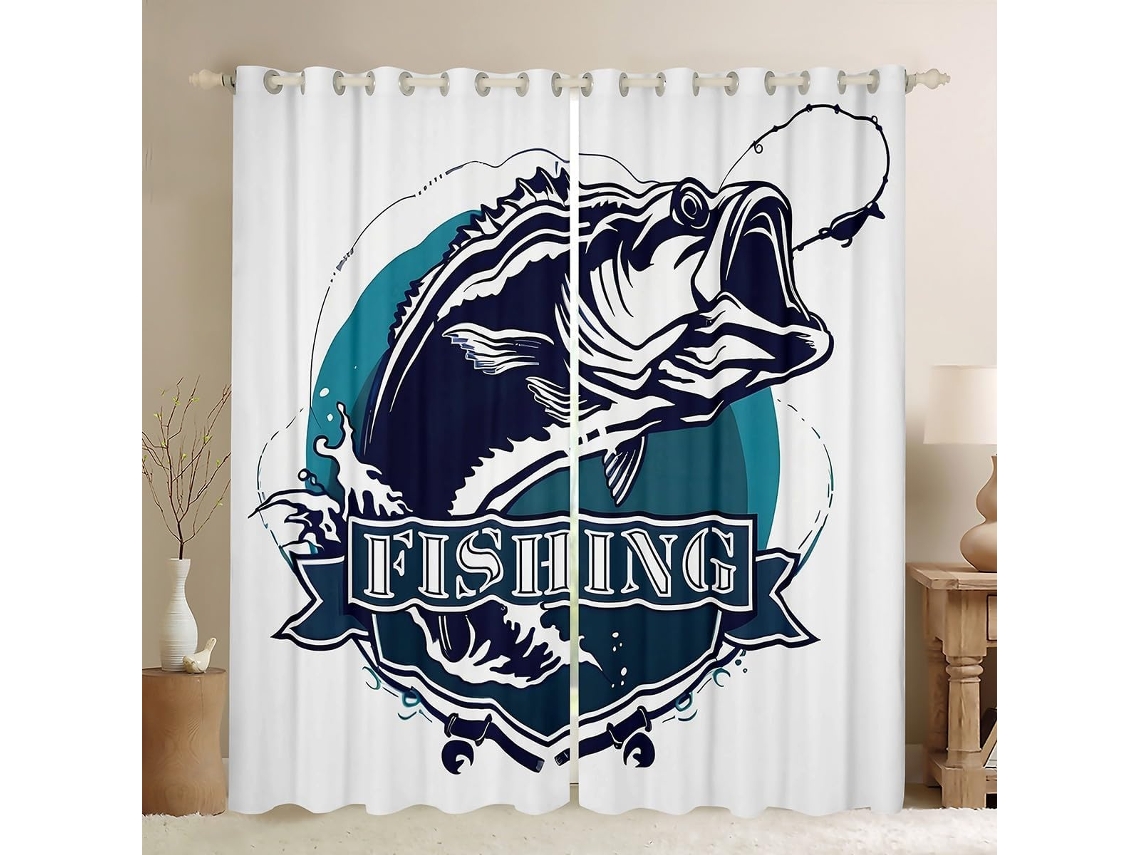 Cortinas Blackout Homewish Com Estampa De Vara Pesca E Onda Para Quarto Sala Estar Decoração Tema Aquático, Cortinas