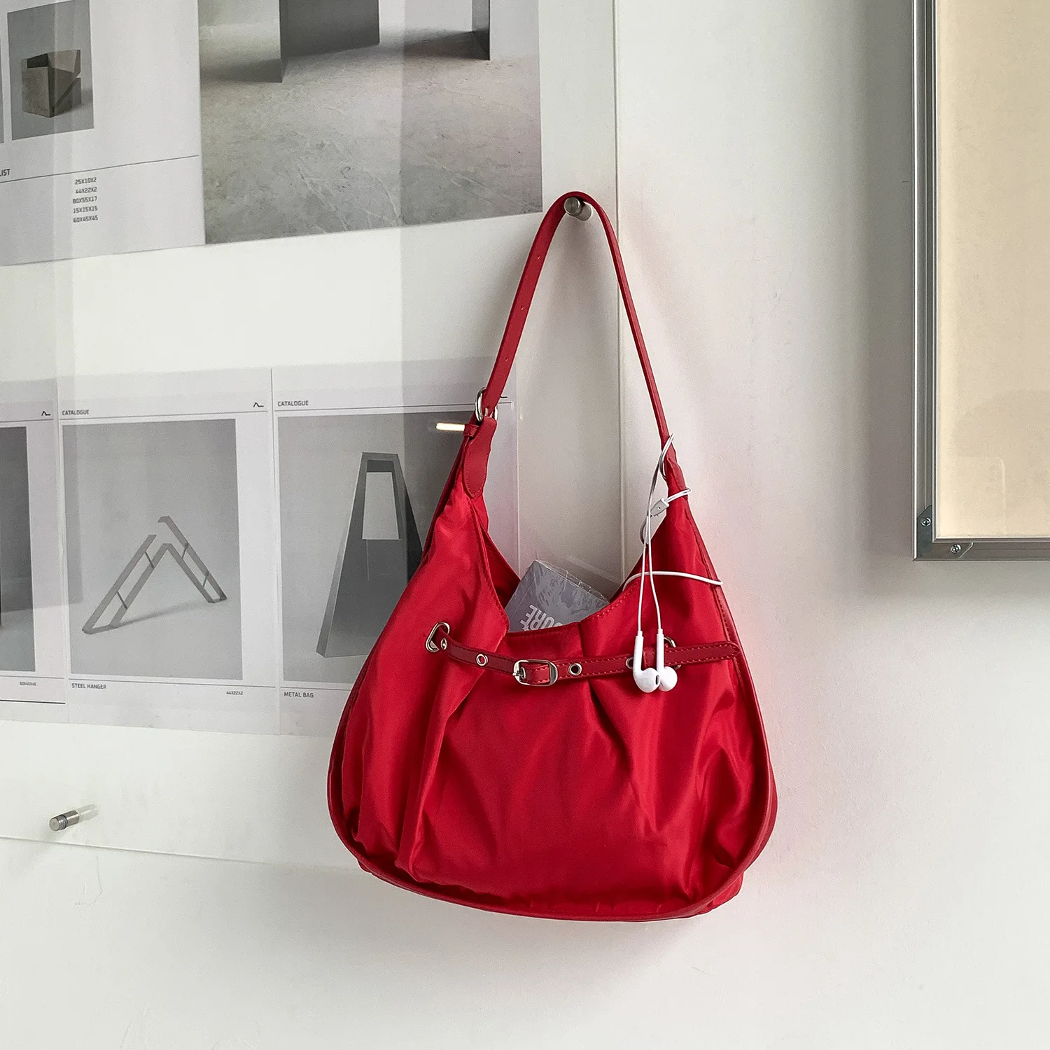 (vermelho) Bolsa De Ombro Feminina Moderna Em Nylon, Bolsa Feminina Casual De Grande Capacidade Para Usar Na Axila