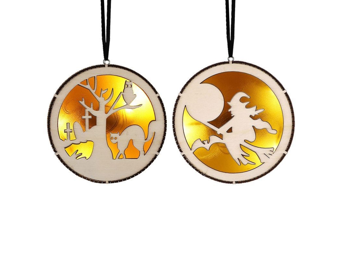 2 Pack Luminárias de Halloween em Madeira com Led Redonda Pendente Ghd