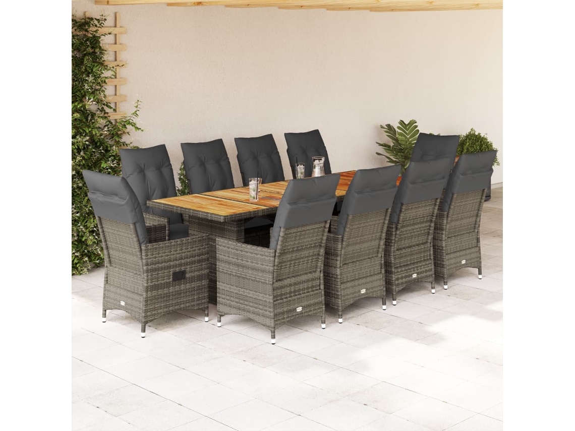 Vidaxl 11 Pcs Conjunto Bistrô De Jardim C/ Almofadões Vime Pe Cinzento
