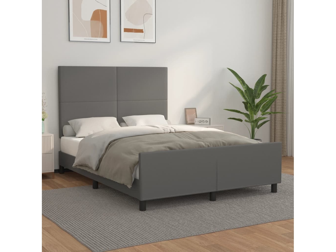 Vidaxl Estrutura Cama C/ Cabeceira 140x190cm Couro Artificial Cinzento