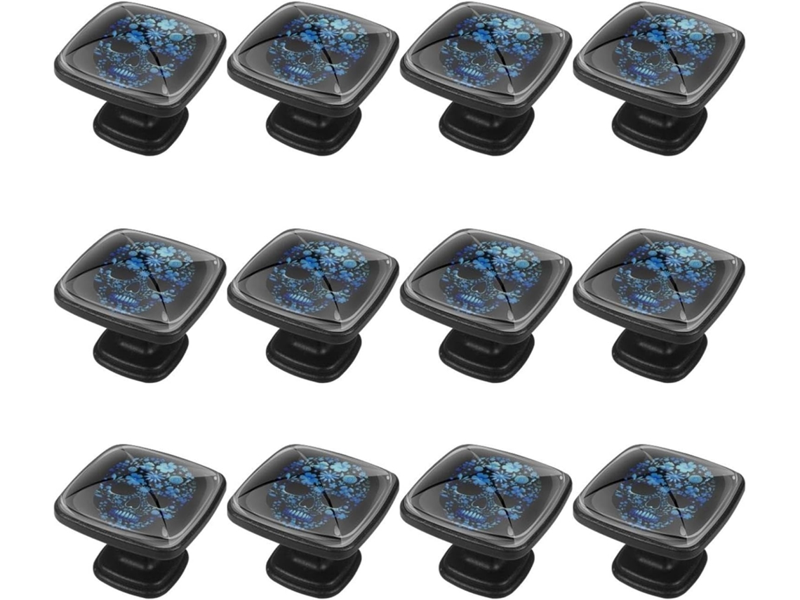 Puxadores E Maçanetas Quadradas Para Armários De Cozinha, Conjunto De 12 Peças, Estampa Floral Azul Com Caveira