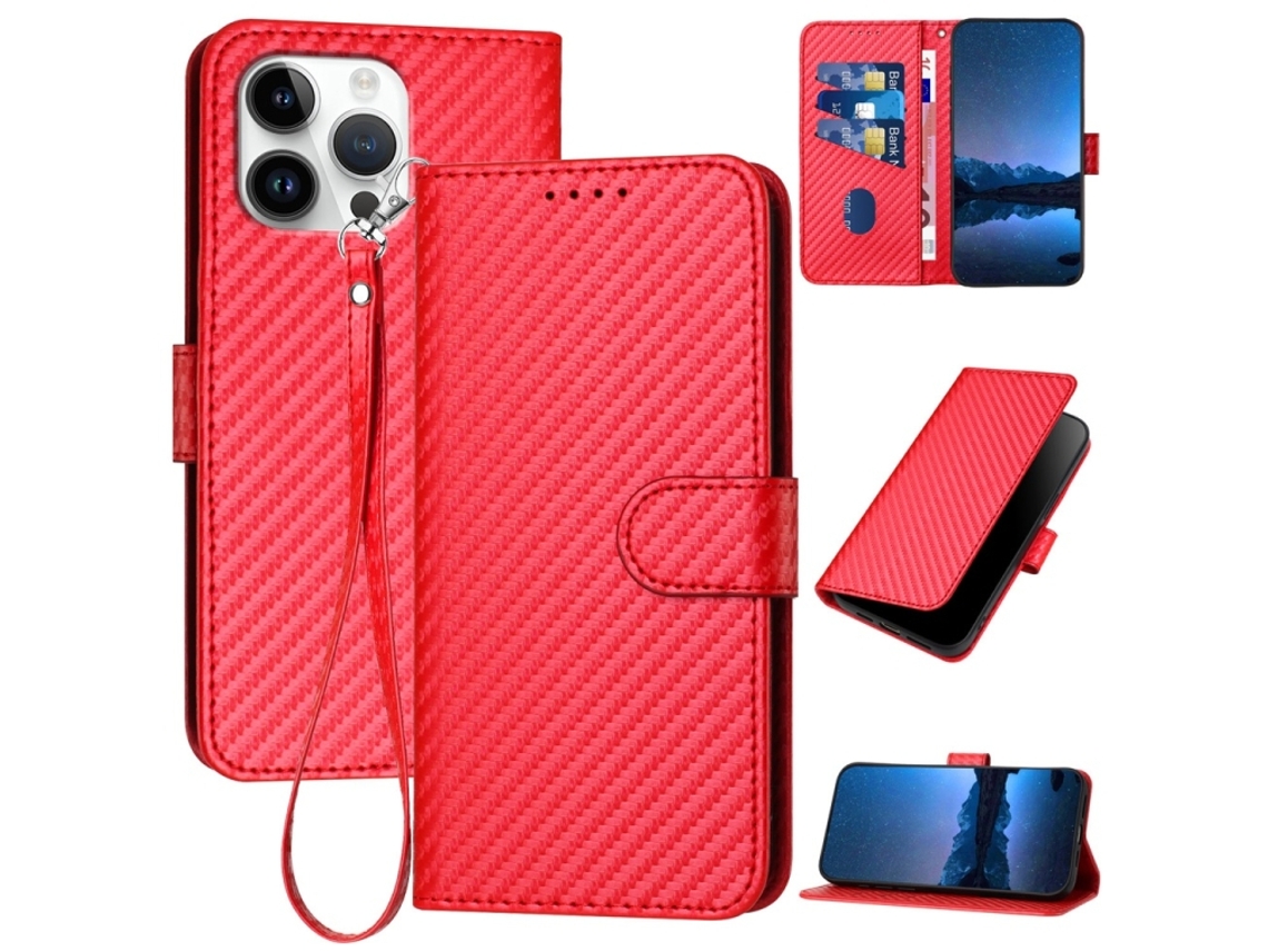 Capa De Couro Para Iphone 16 Pro Max - Fivela Em Fibra De Carbono - Com Cordão