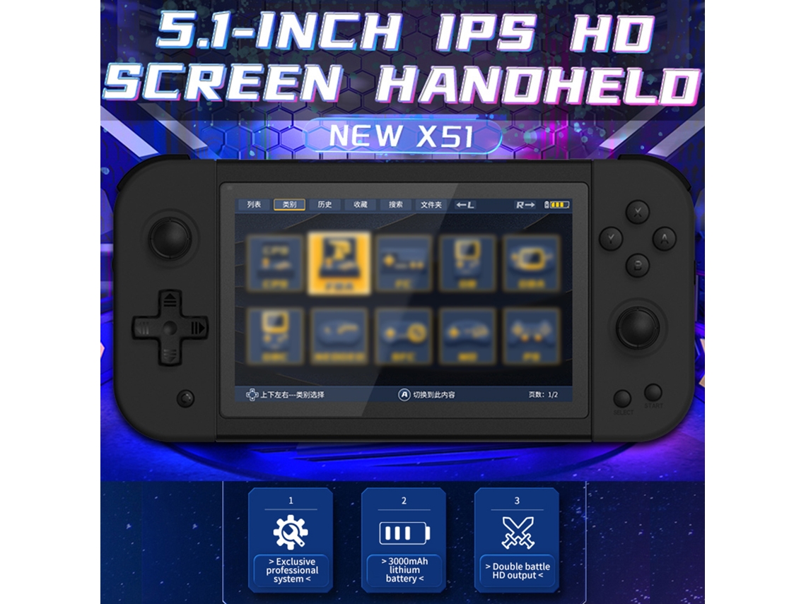 Console portátil Powkiddy X51 HD, tela IPS de 5 polegadas, multimídia EOOCOO