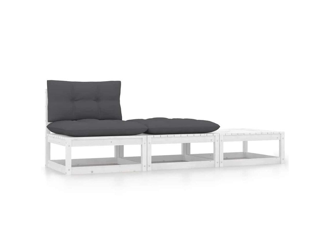 Vidaxl 3 Pcs Conjunto Lounge Jardim C/ Almofadões Pinho Maciço Branco
