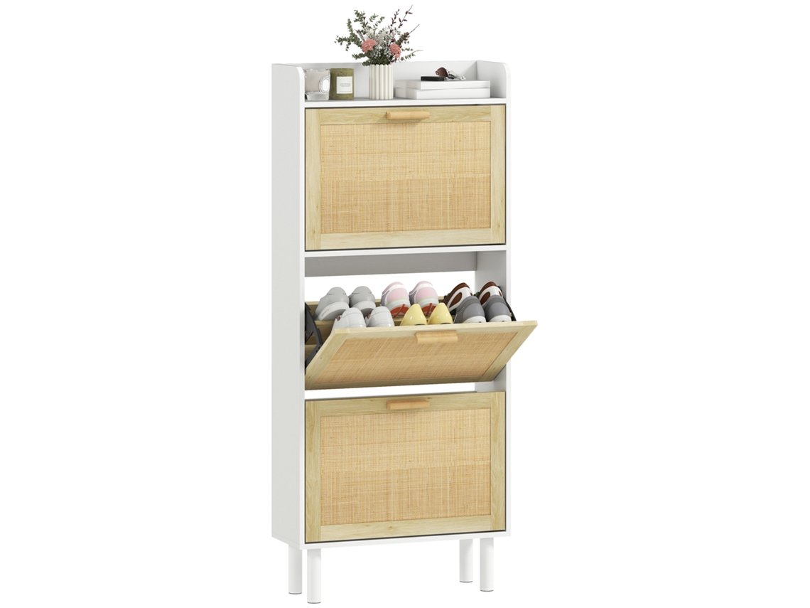 Sapateira com 3 Portas Basculantes e Prateleira, Efeito Resina Trançada, Design Boêmio, 65 X 24,5 X 153 Cm, Branca CHEZMOI