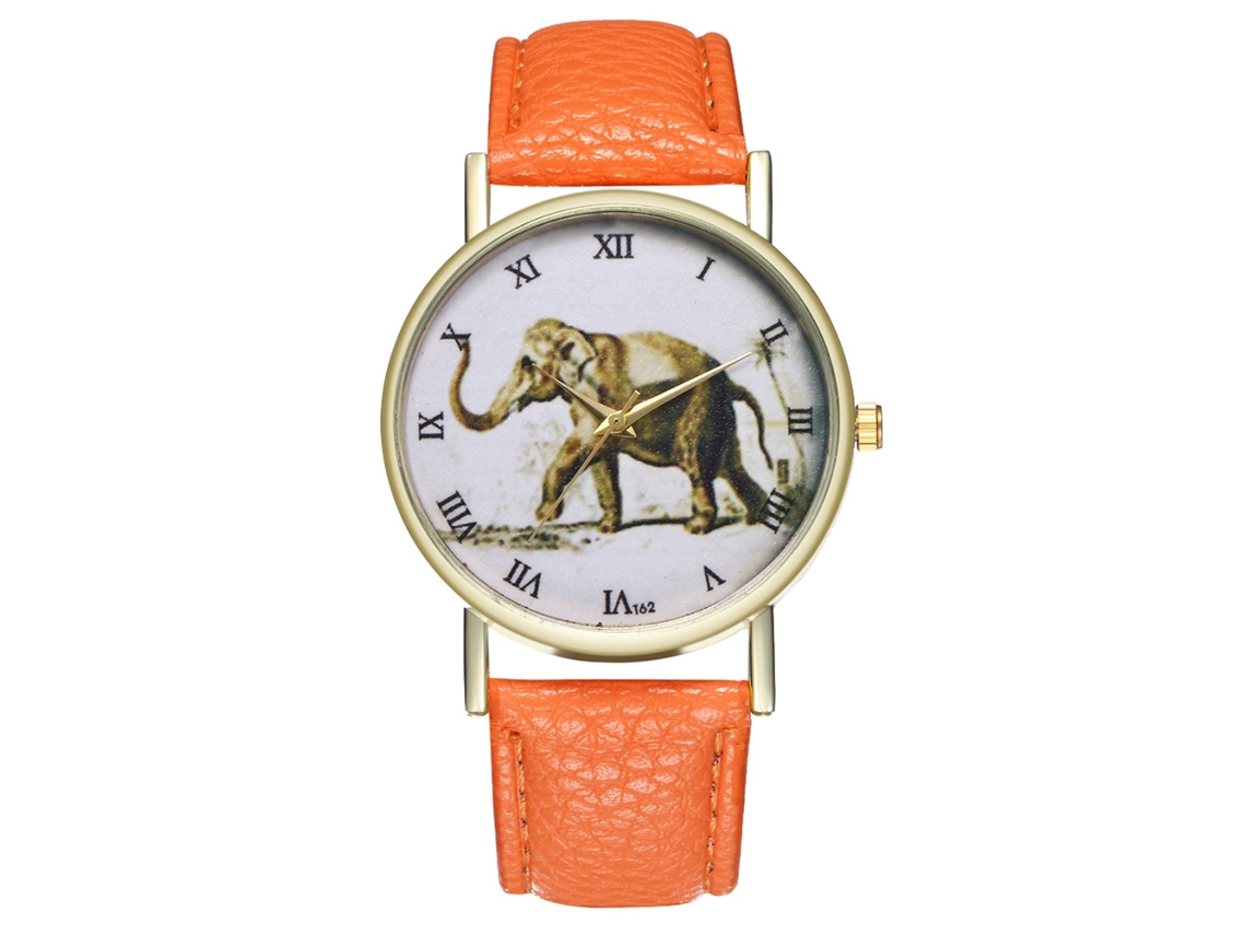 Relógio de quartzo com pulseira de couro PU, estampa de elefante moderna e numerais romanos laranja.