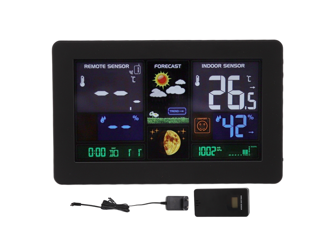 Relógio meteorológico multifuncional sem fio Baok com termômetro interno/externo e visor LED colorido, 100-240 V, plugue padrão europeu.