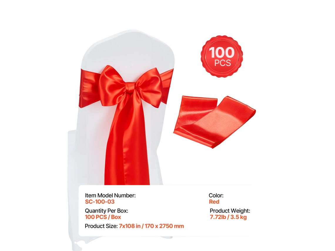 Faixas Para Cadeiras, Tecido De Cetim, Design Elegante, 100pcs Vermelho