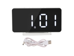 Relógio digital com espelho LED, carregamento USB, alarme, brilho duplo ajustável e cronômetro.
